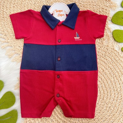 Macacão Curto Piquet com Gola Polo Barquinho - Vermelho e Marinho